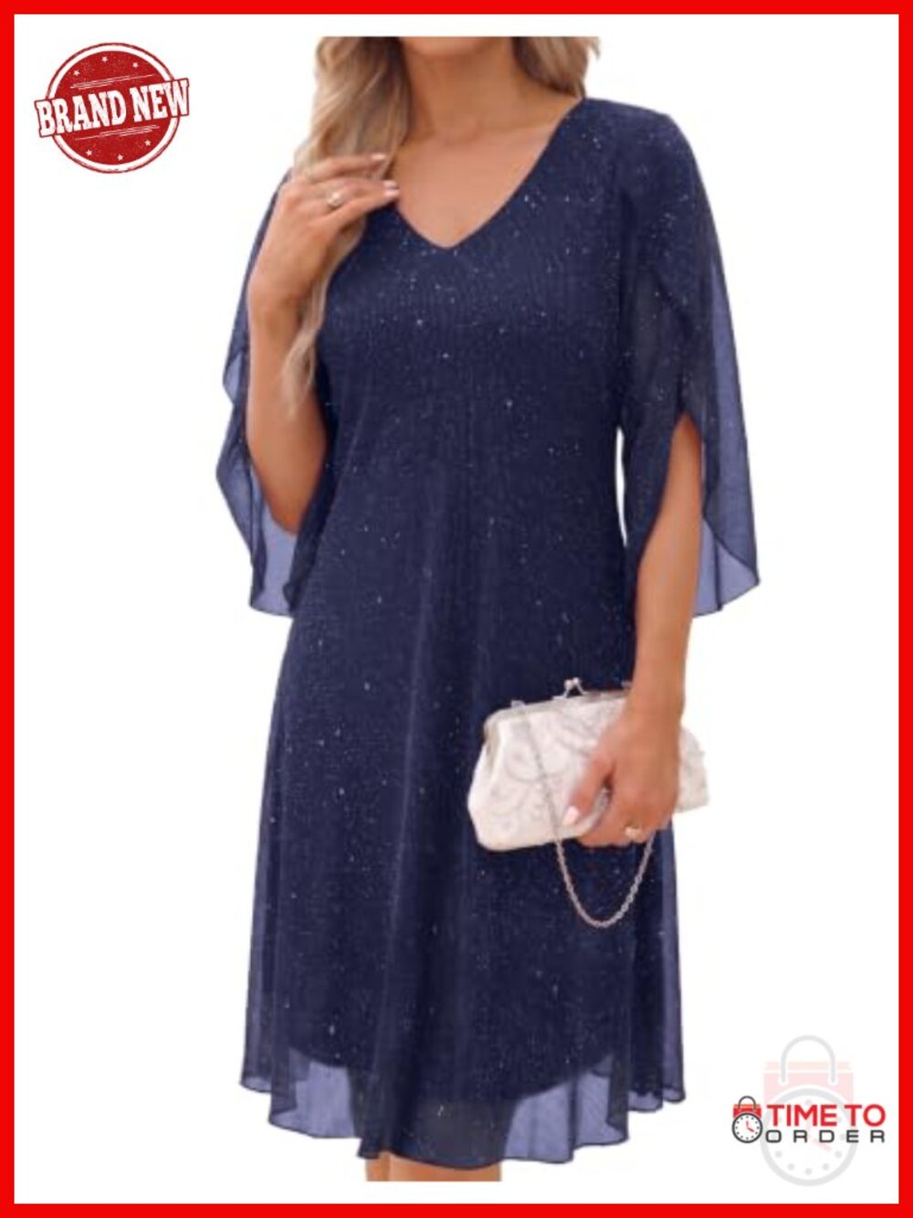 Sequin Cocktail Short Midi Dress 3/4 Flutter Sleeve A-Line Formal Wedding Guest